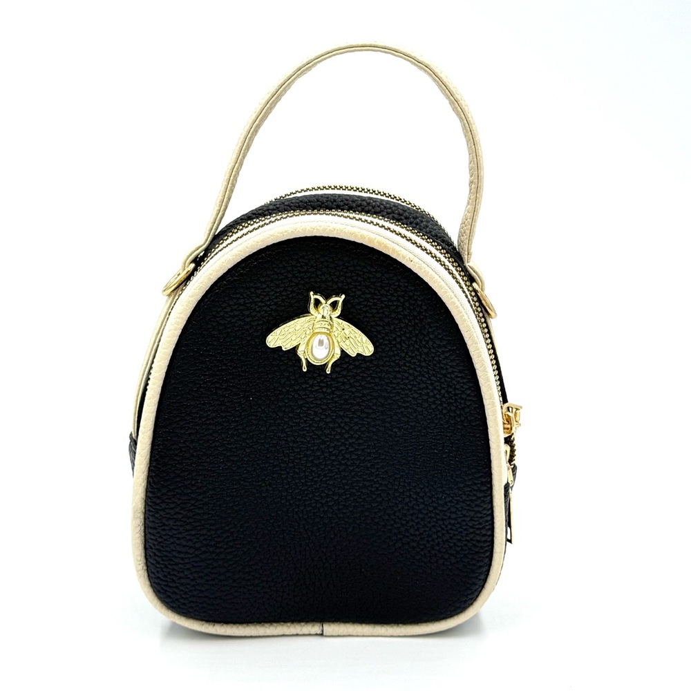 NWOT Ella & Elly  Black Leather & Bumblebee Gold Accented Handbag (B0002)